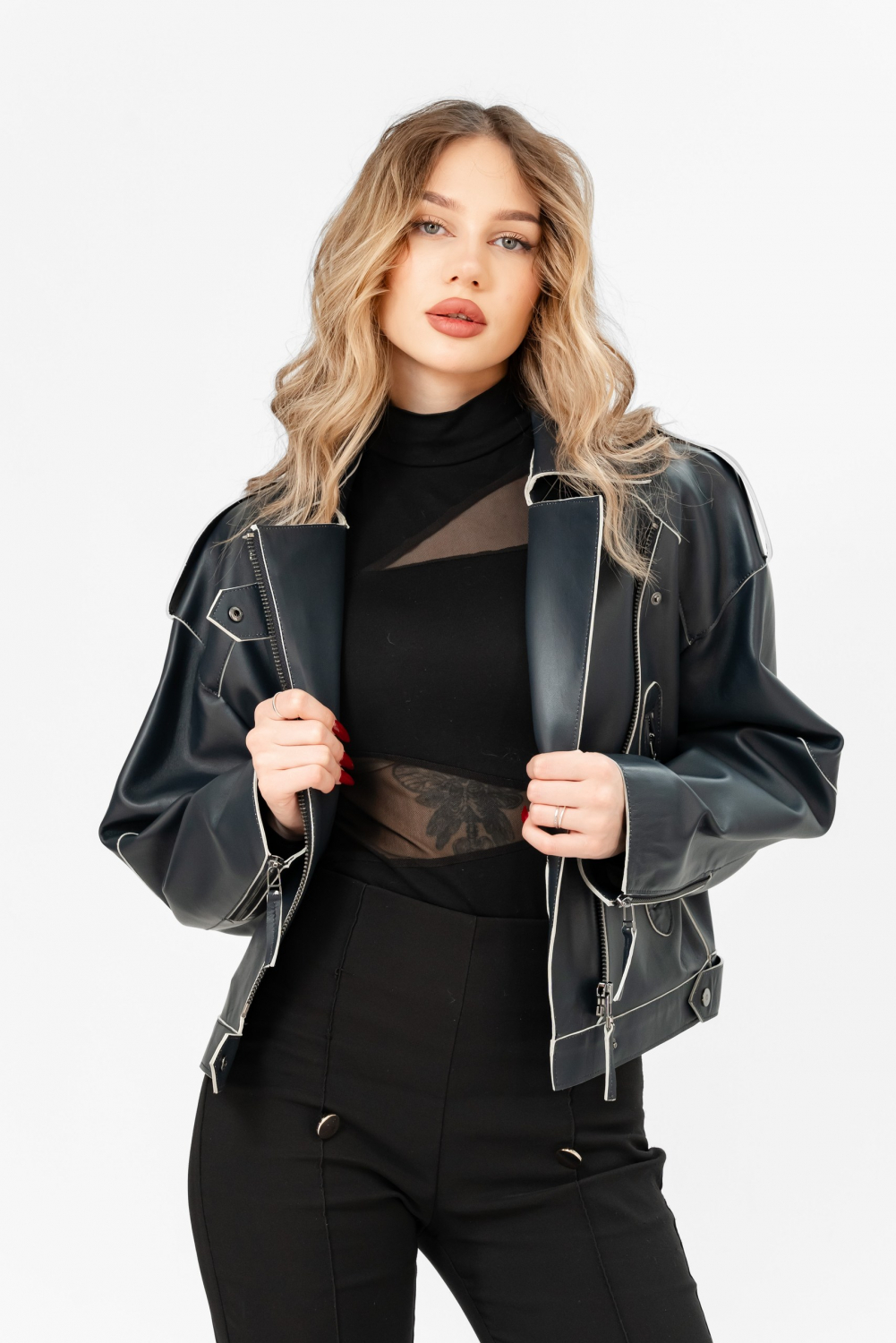 Синяя кожаная куртка Adelina